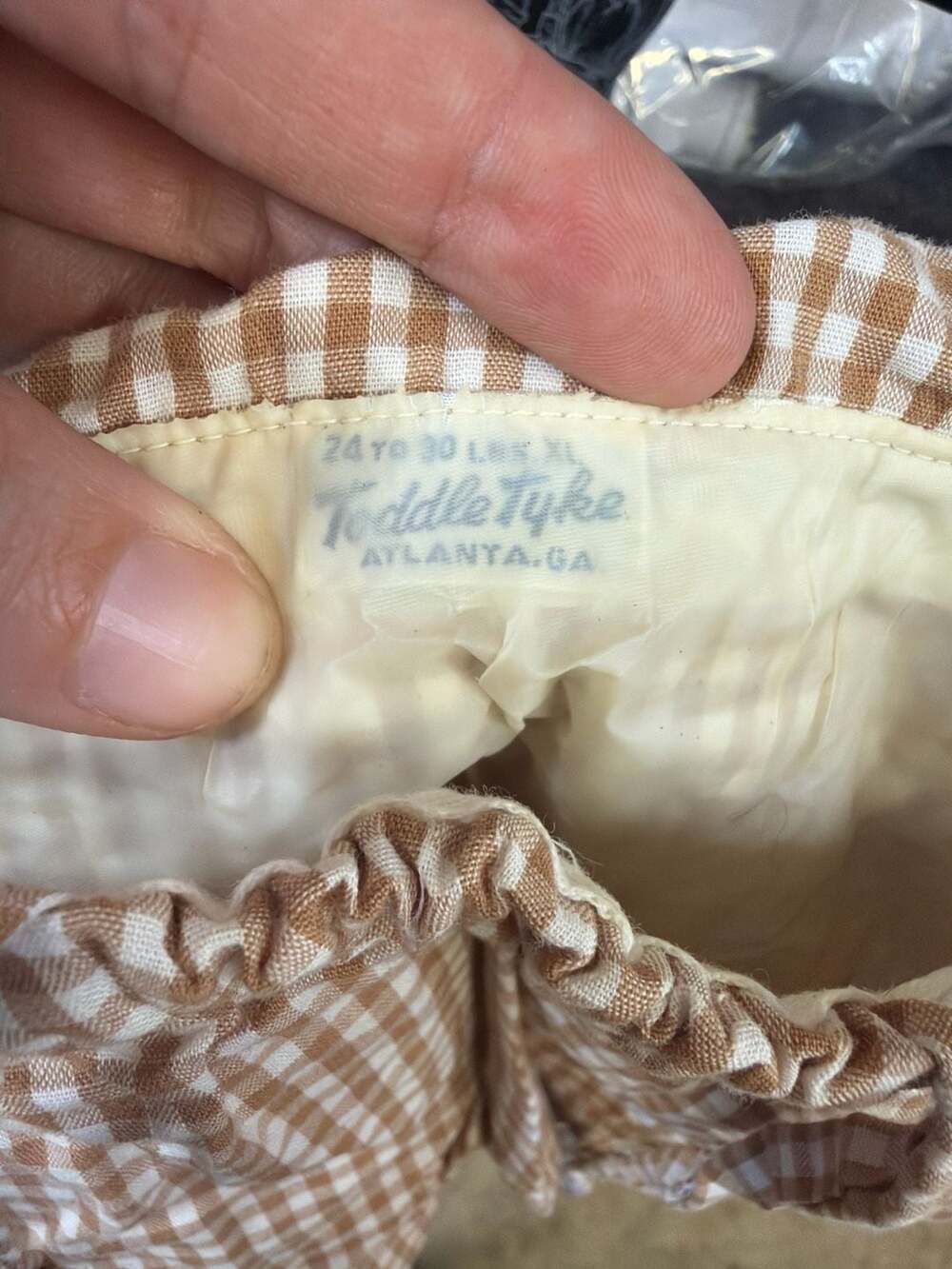 Vintage Toddle Tyke Gingham Baby Sunsuit Romper Tan White XL 24-30lbs